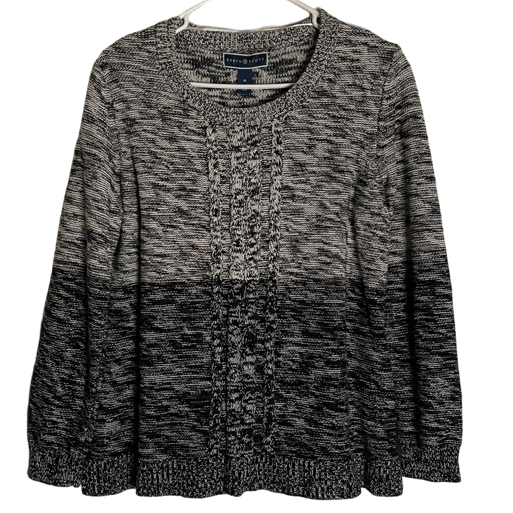 KAREN SCOTT Ombre Marled Crew Neck Sweater, Women’s M, Black White